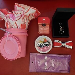 Valentine's Gift Mini Pink Bucket W/ Jewelry + Plus Candy Lipstick